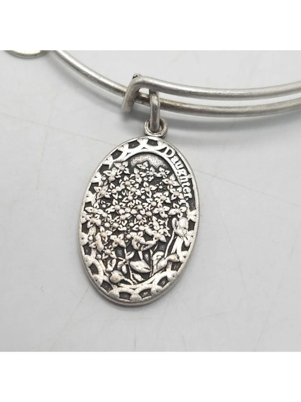 Alex And Ani Daughter Charm Bangle Bracelet Adjustable Silver-Tone Floral Design